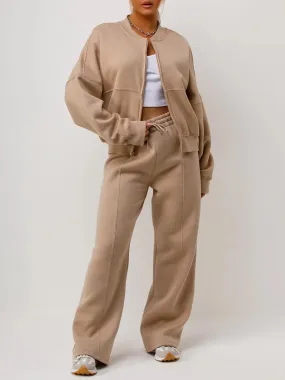 Beige Bomber Style Jacket & Wide Leg Bottoms Co-ord Loungewear Set
