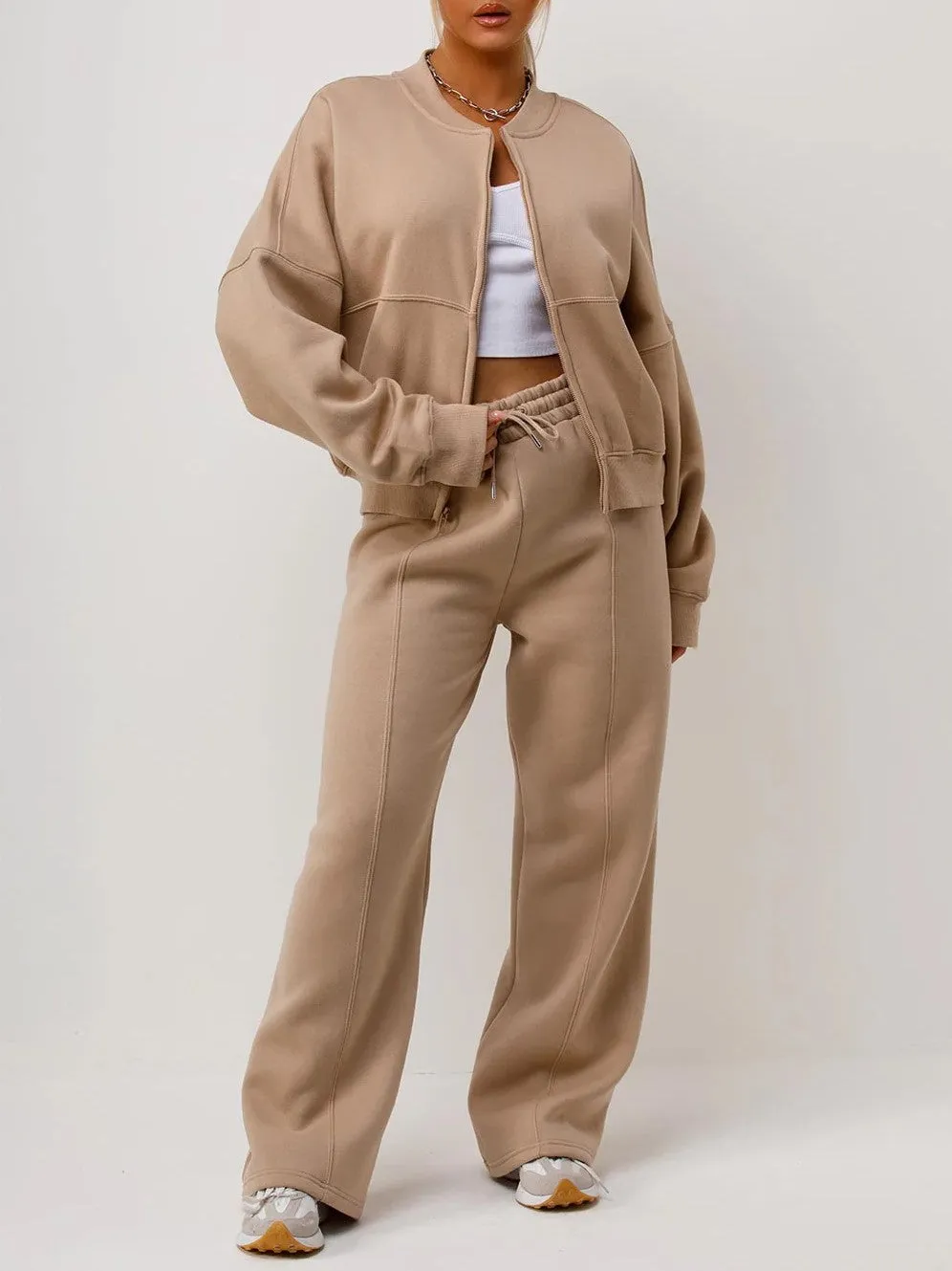 Beige Bomber Style Jacket & Wide Leg Bottoms Co-ord Loungewear Set