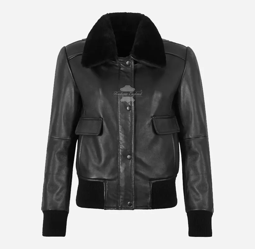 BLISS Black Ladies Bomber Leather Jacket With Removable Fur Collar