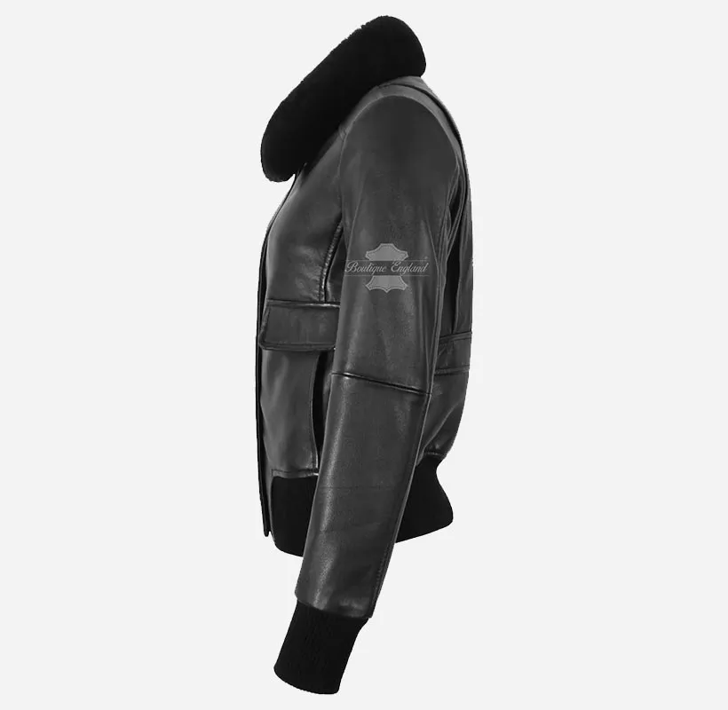 BLISS Black Ladies Bomber Leather Jacket With Removable Fur Collar