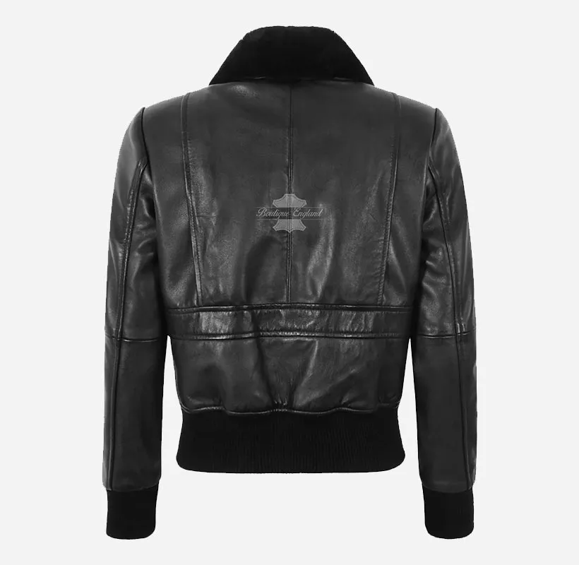 BLISS Black Ladies Bomber Leather Jacket With Removable Fur Collar