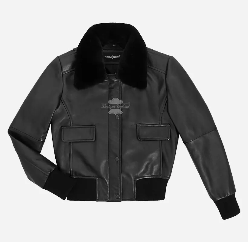 BLISS Black Ladies Bomber Leather Jacket With Removable Fur Collar