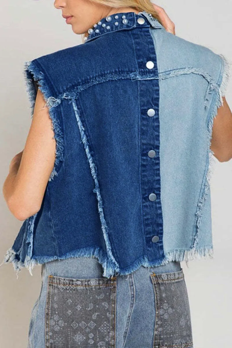 CE186 Pearls Studded Denim Vest