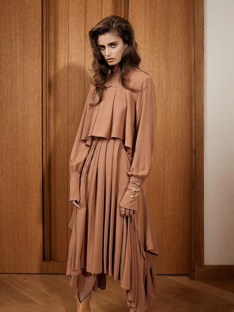 Chloé Asymmetric Pleated Silk Crepe De Chine Turtleneck Dress
