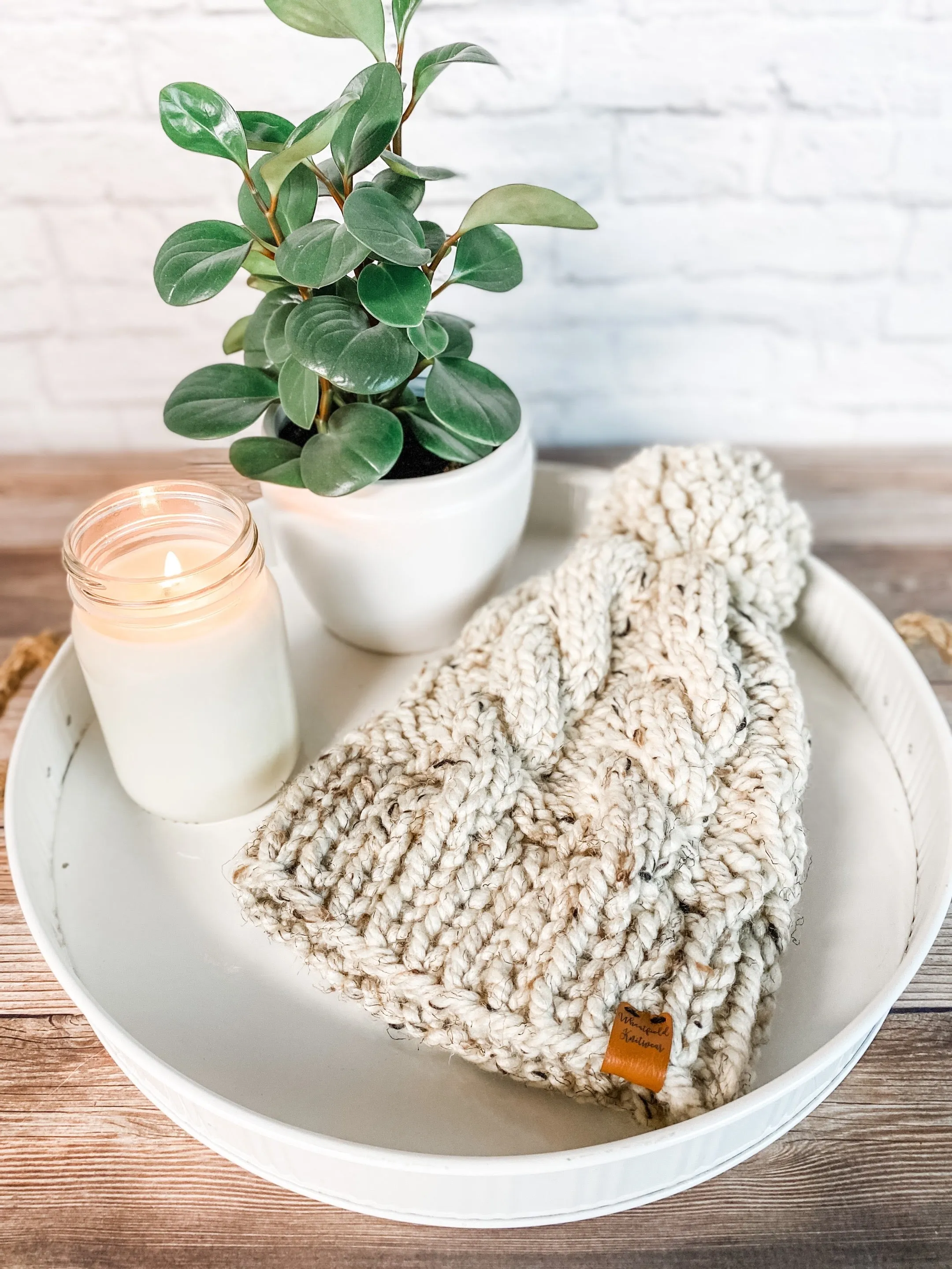 Chunky Cable Knit Winter Pom Pom Beanie Hat for Women in Oatmeal