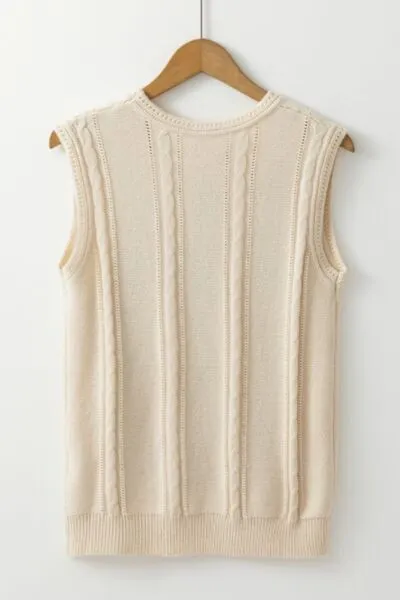 Embroidered Cable-Knit Round Neck Sweater Vest