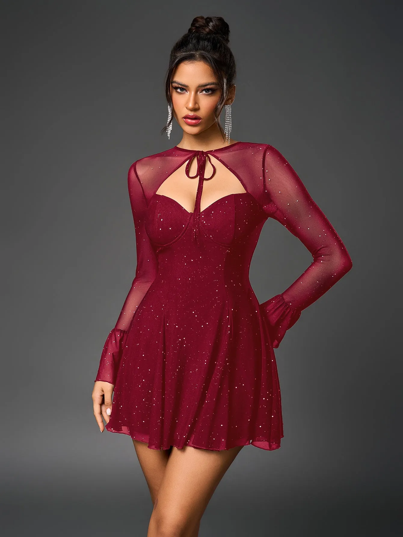 Flounce Sleeve Tie Front Glitter Mesh Flared Dress