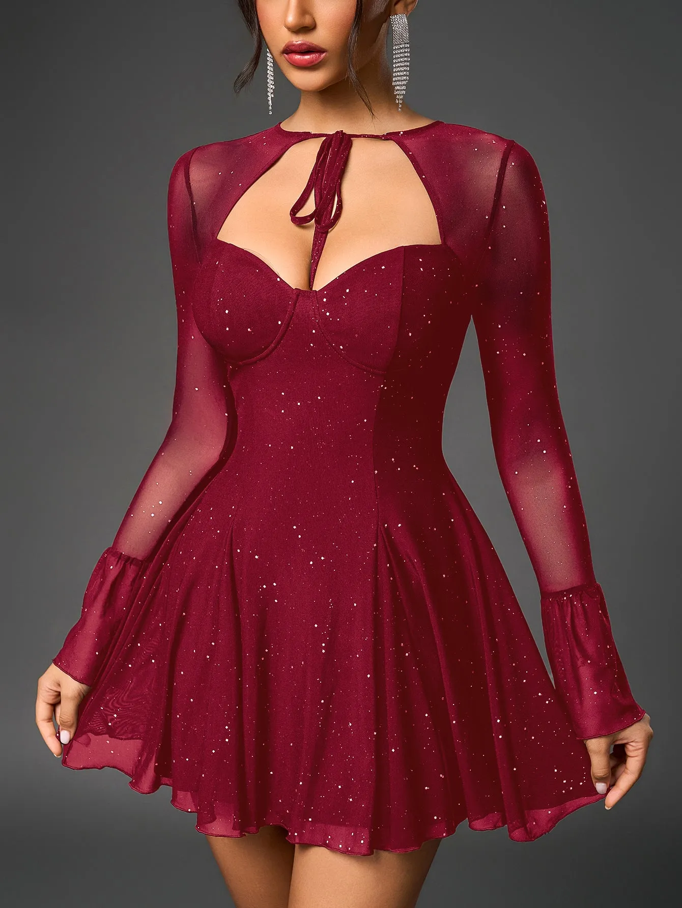 Flounce Sleeve Tie Front Glitter Mesh Flared Dress