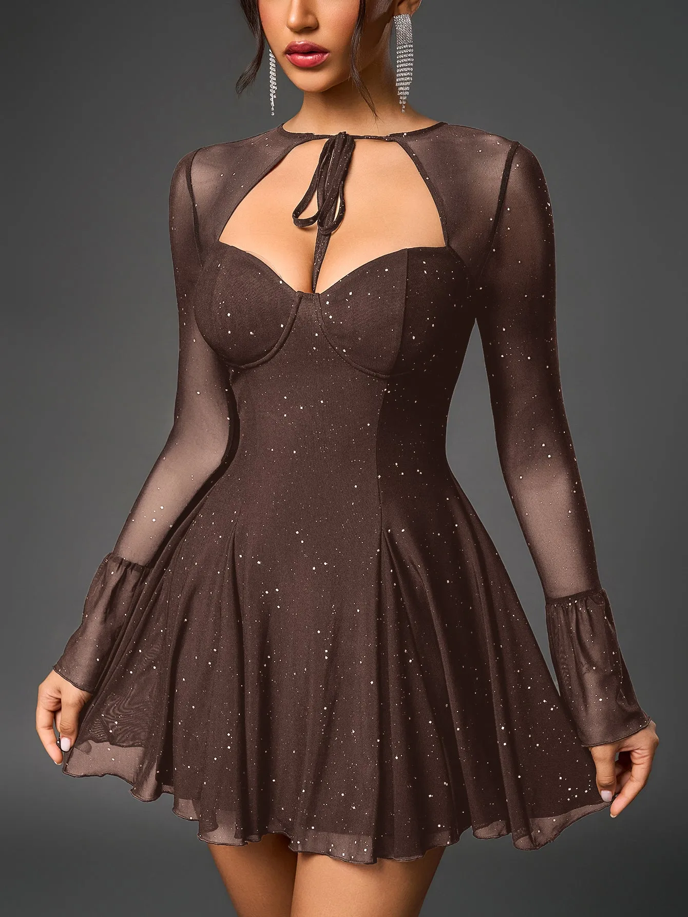 Flounce Sleeve Tie Front Glitter Mesh Flared Dress