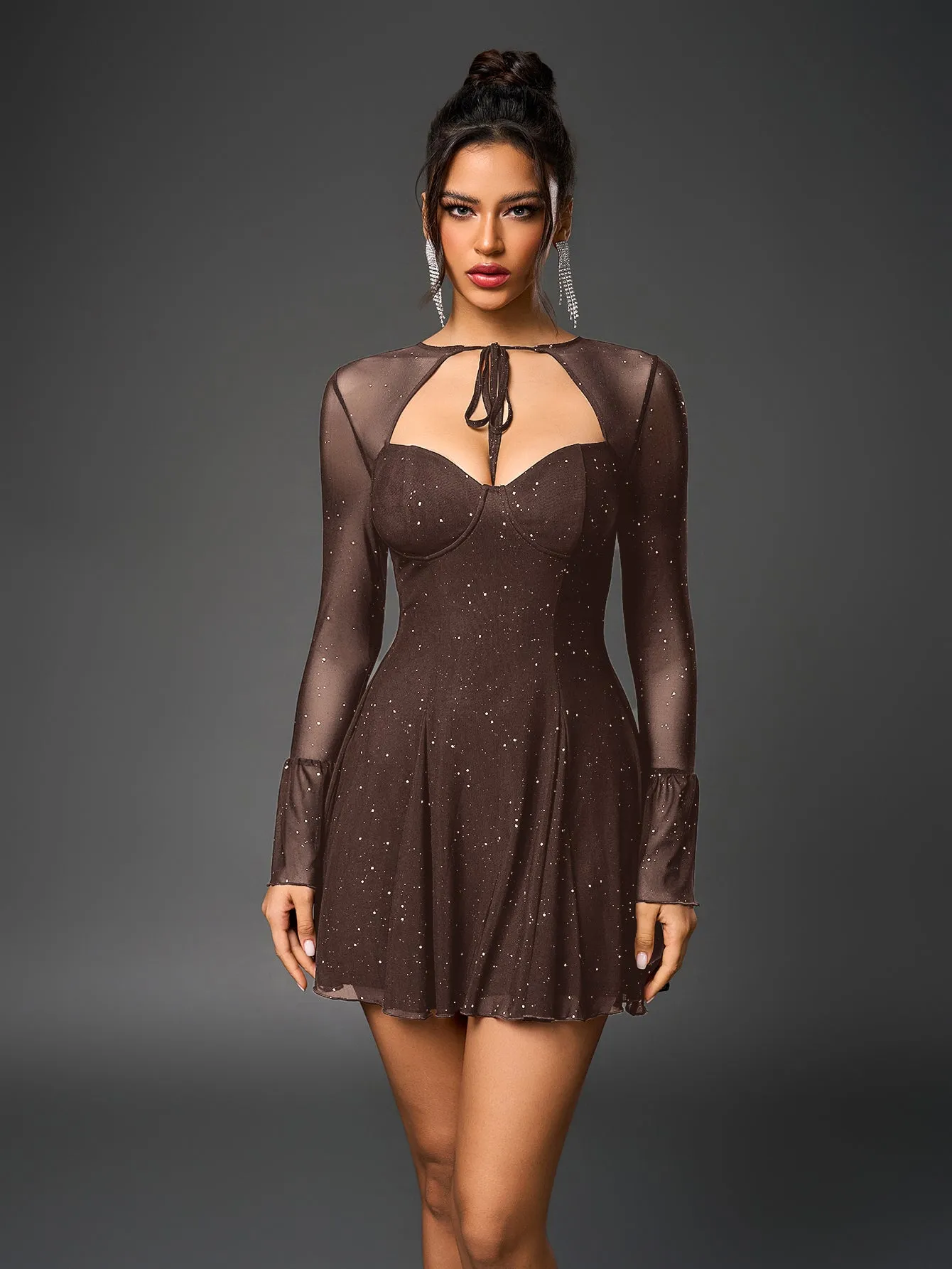 Flounce Sleeve Tie Front Glitter Mesh Flared Dress