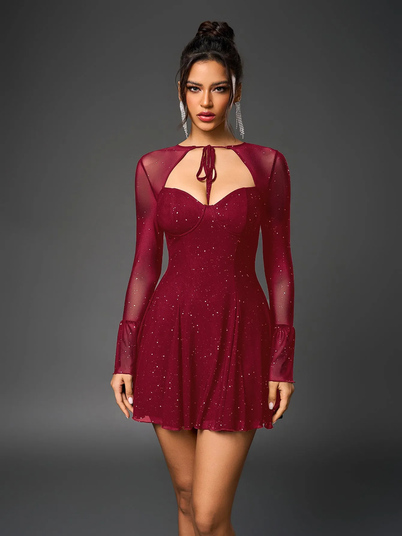 Flounce Sleeve Tie Front Glitter Mesh Flared Dress