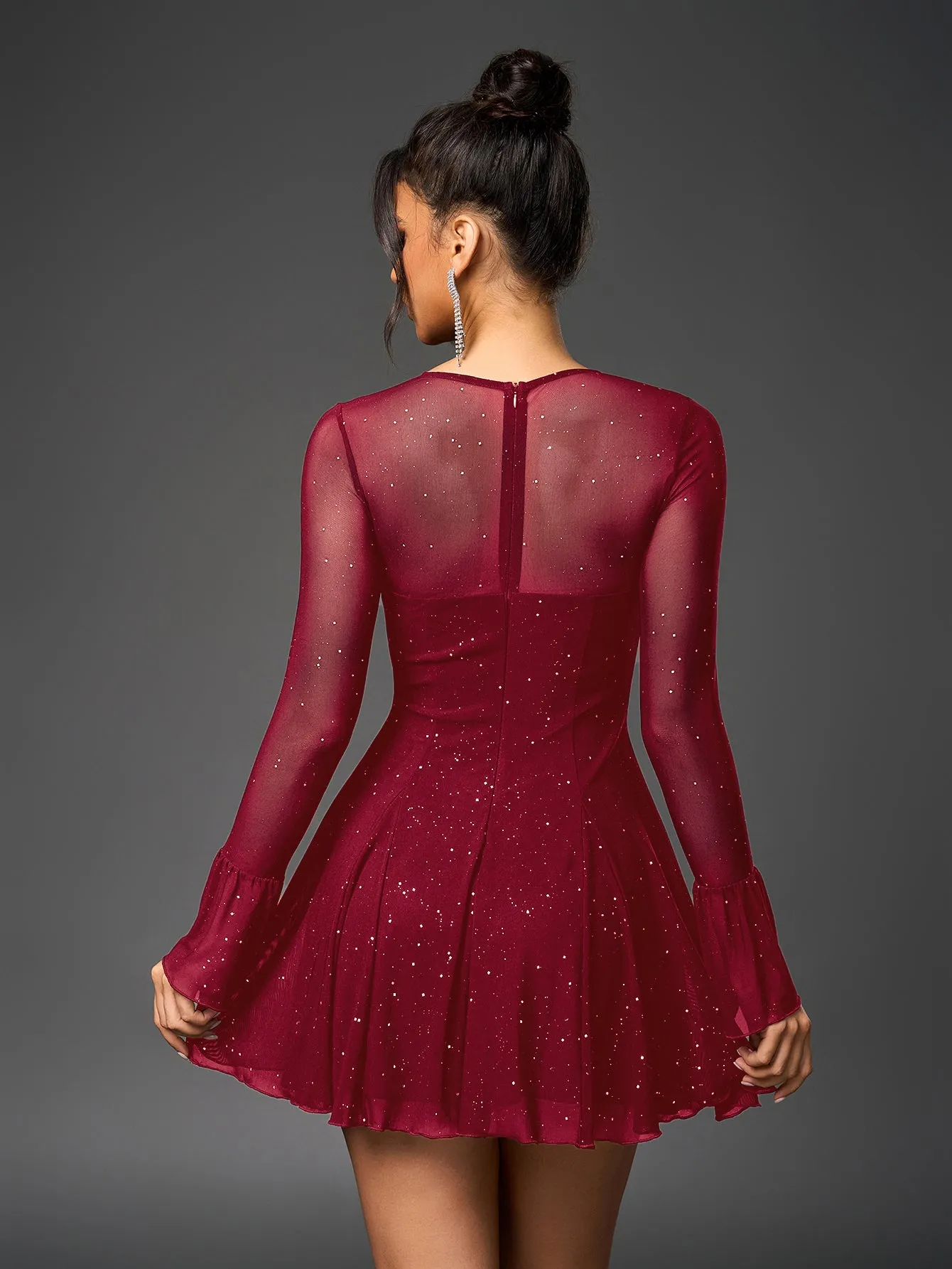 Flounce Sleeve Tie Front Glitter Mesh Flared Dress