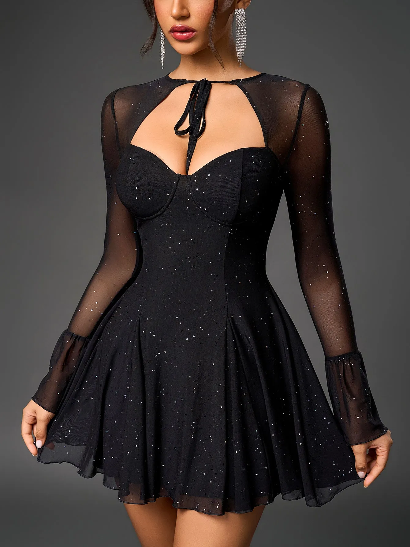 Flounce Sleeve Tie Front Glitter Mesh Flared Dress