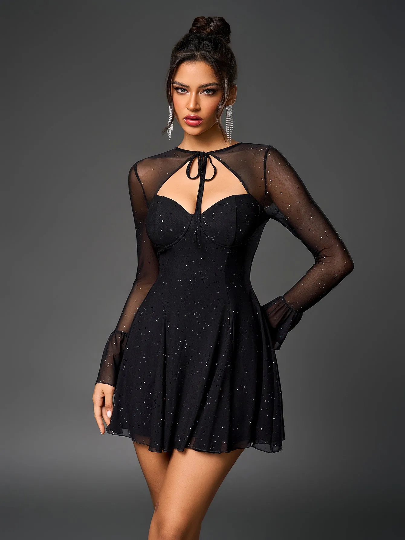 Flounce Sleeve Tie Front Glitter Mesh Flared Dress