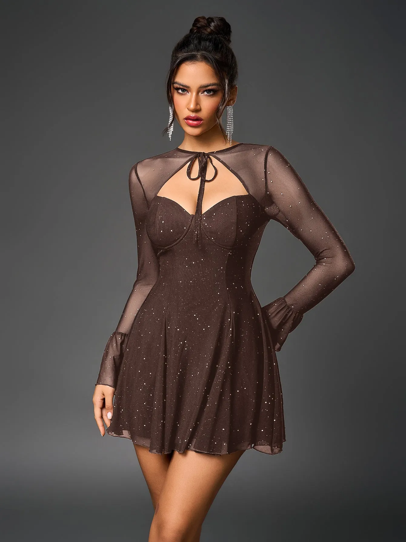 Flounce Sleeve Tie Front Glitter Mesh Flared Dress