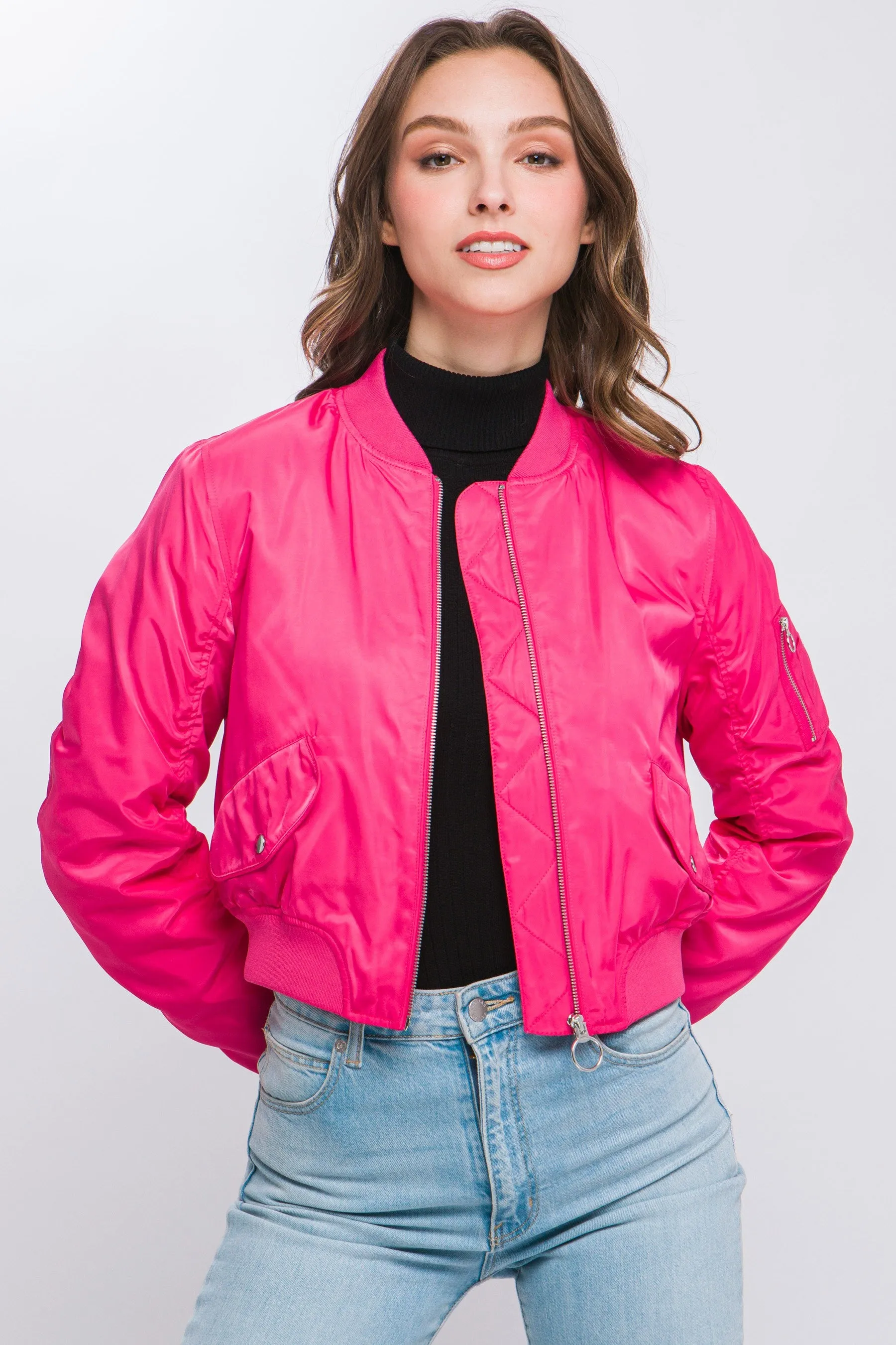 Fuchsia Zip Up Bomber Jacket With Sleeve Zipper Detail