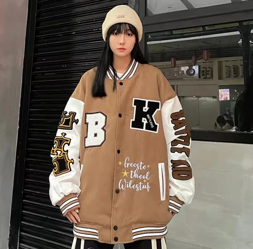 Fuzzy Letter Embroidered Varsity Jacket