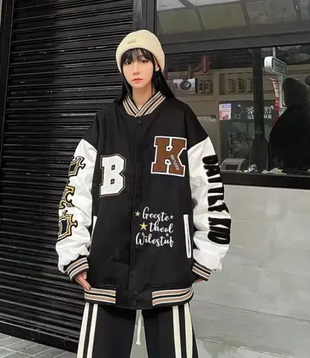 Fuzzy Letter Embroidered Varsity Jacket