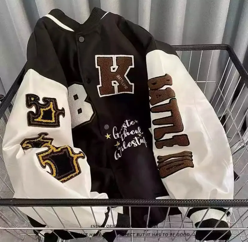 Fuzzy Letter Embroidered Varsity Jacket