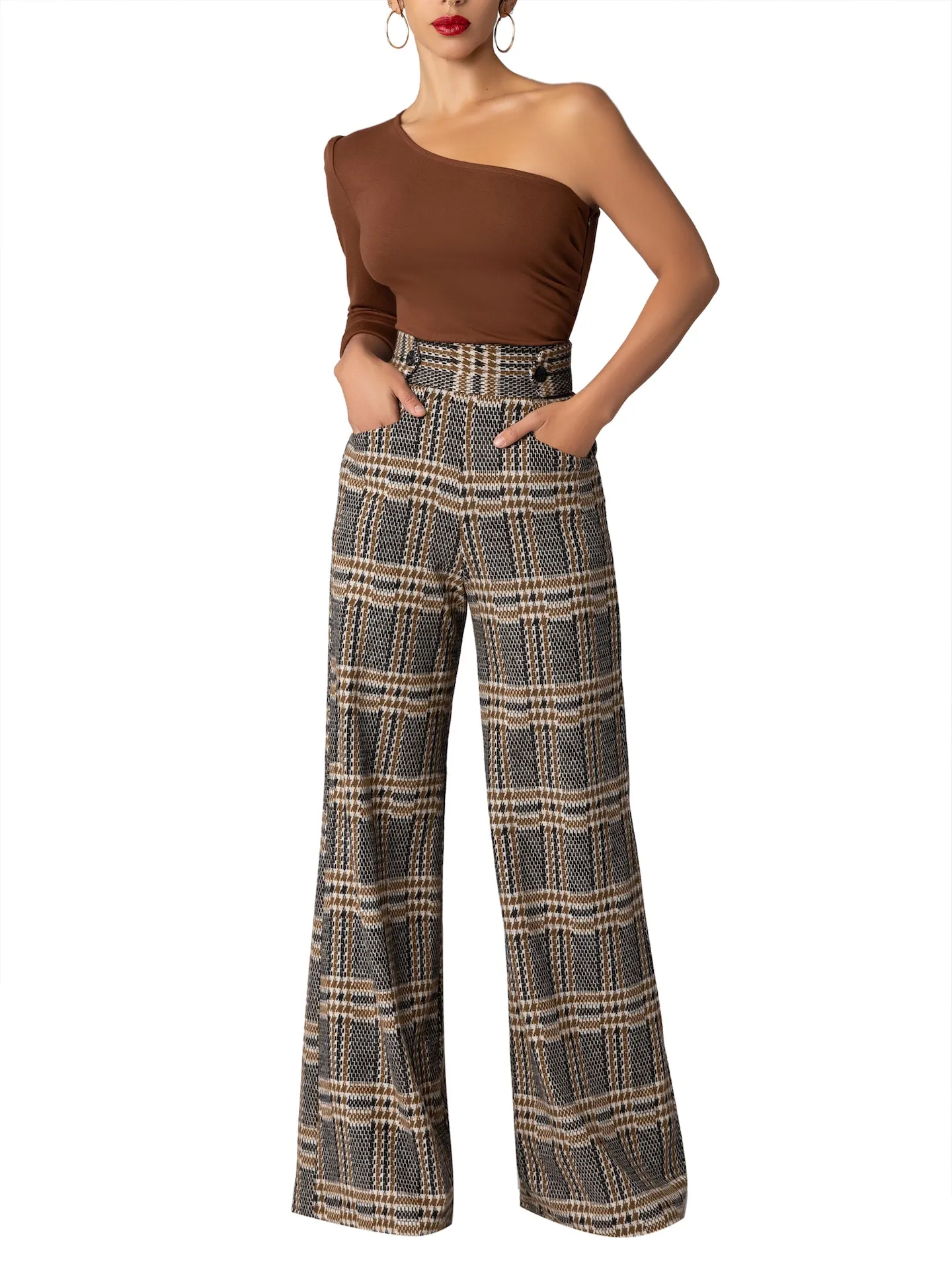 “Liverpool” Brown Brushed Plaid Pants