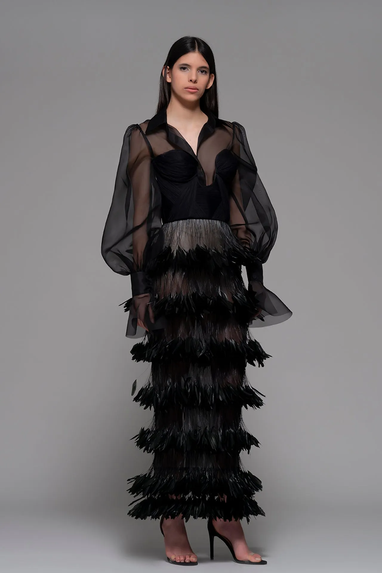 Long-Sleeved Shirt with Feathered Midi Skirt