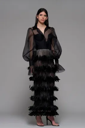 Long-Sleeved Shirt with Feathered Midi Skirt