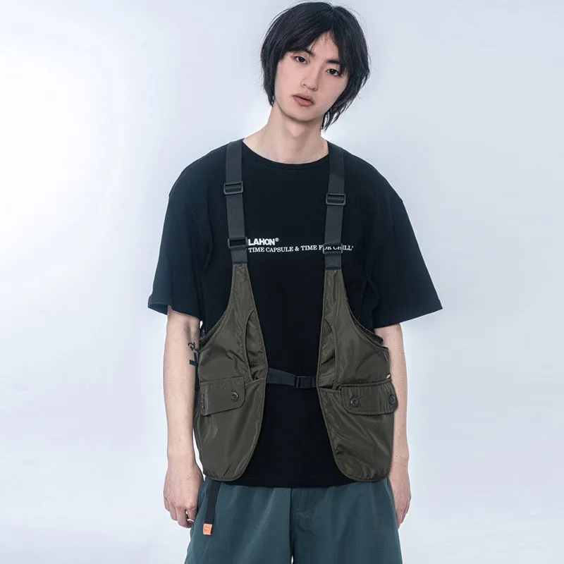 Men Sweater Vest Multi-Pocket Workwear Vest Men's Loose Mesh Stitching Adjustable Vest Sleeveless Jacket