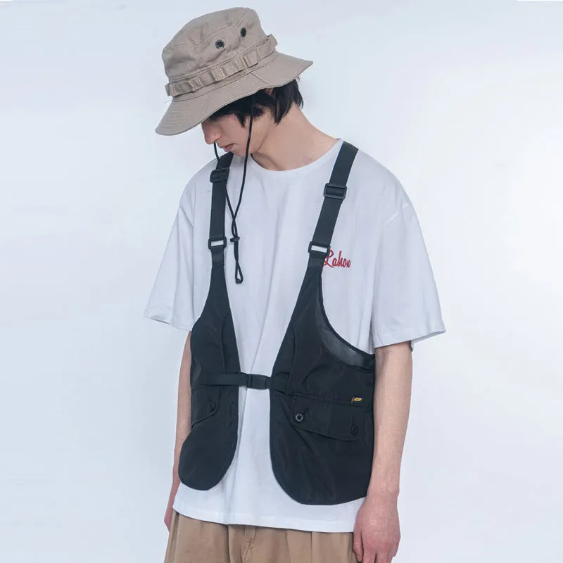 Men Sweater Vest Multi-Pocket Workwear Vest Men's Loose Mesh Stitching Adjustable Vest Sleeveless Jacket