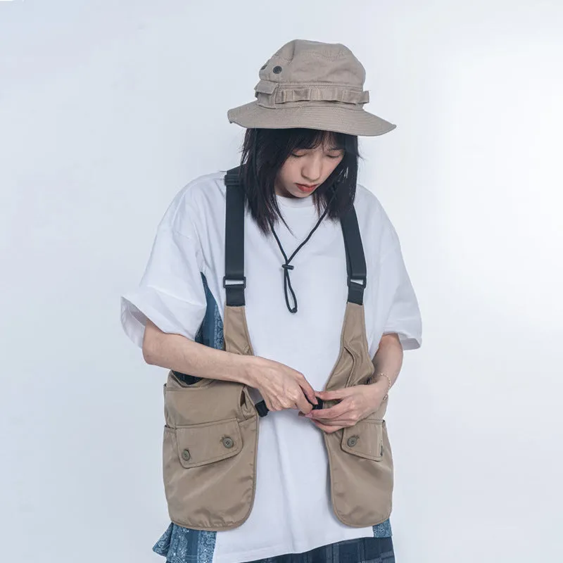 Men Sweater Vest Multi-Pocket Workwear Vest Men's Loose Mesh Stitching Adjustable Vest Sleeveless Jacket