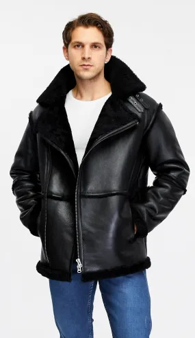 Men's Shearling Bomber Jacket, Black Wool