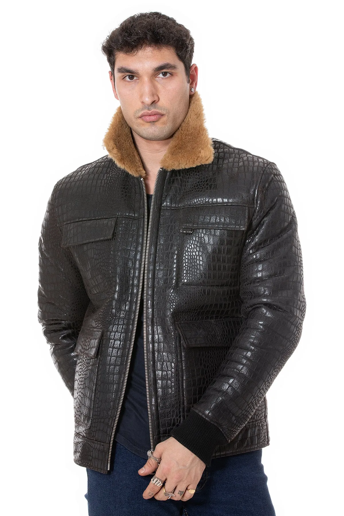 Men's Shearling Bomber Jacket, Brown Crocodile Emboss with Ginger Wool