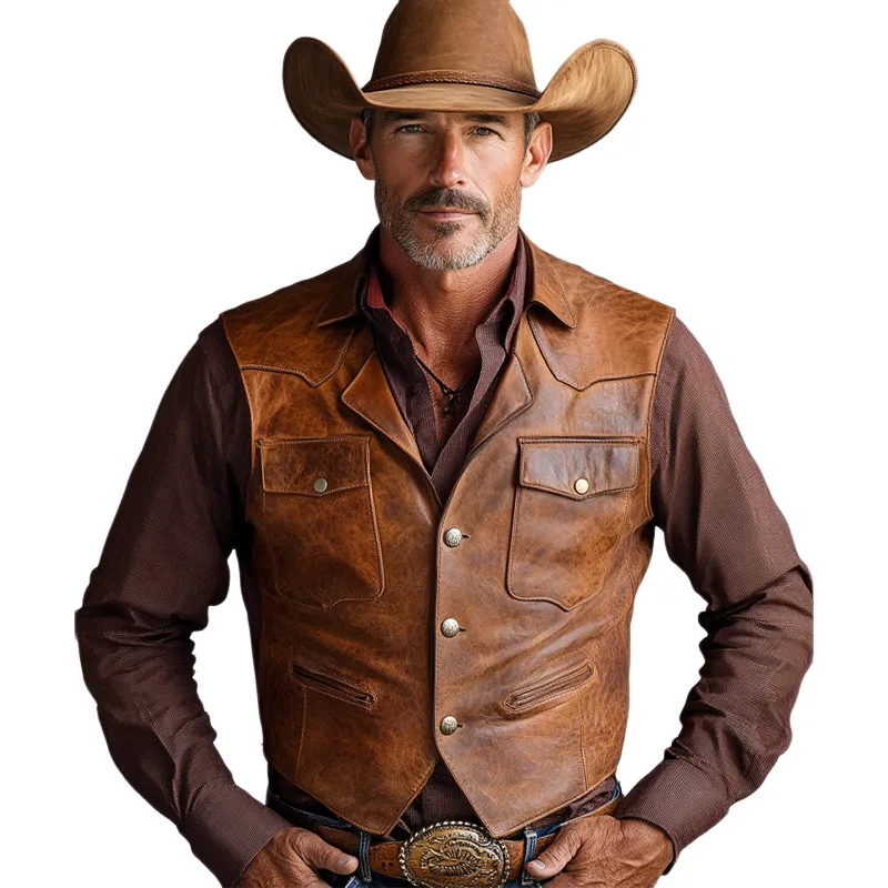 Men's Vintage Distressed Three-Button Slim Leather Vest 45368461U