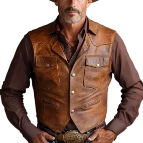 Men's Vintage Distressed Three-Button Slim Leather Vest 45368461U