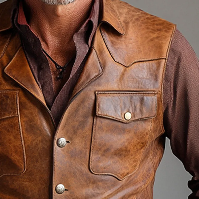 Men's Vintage Distressed Three-Button Slim Leather Vest 45368461U