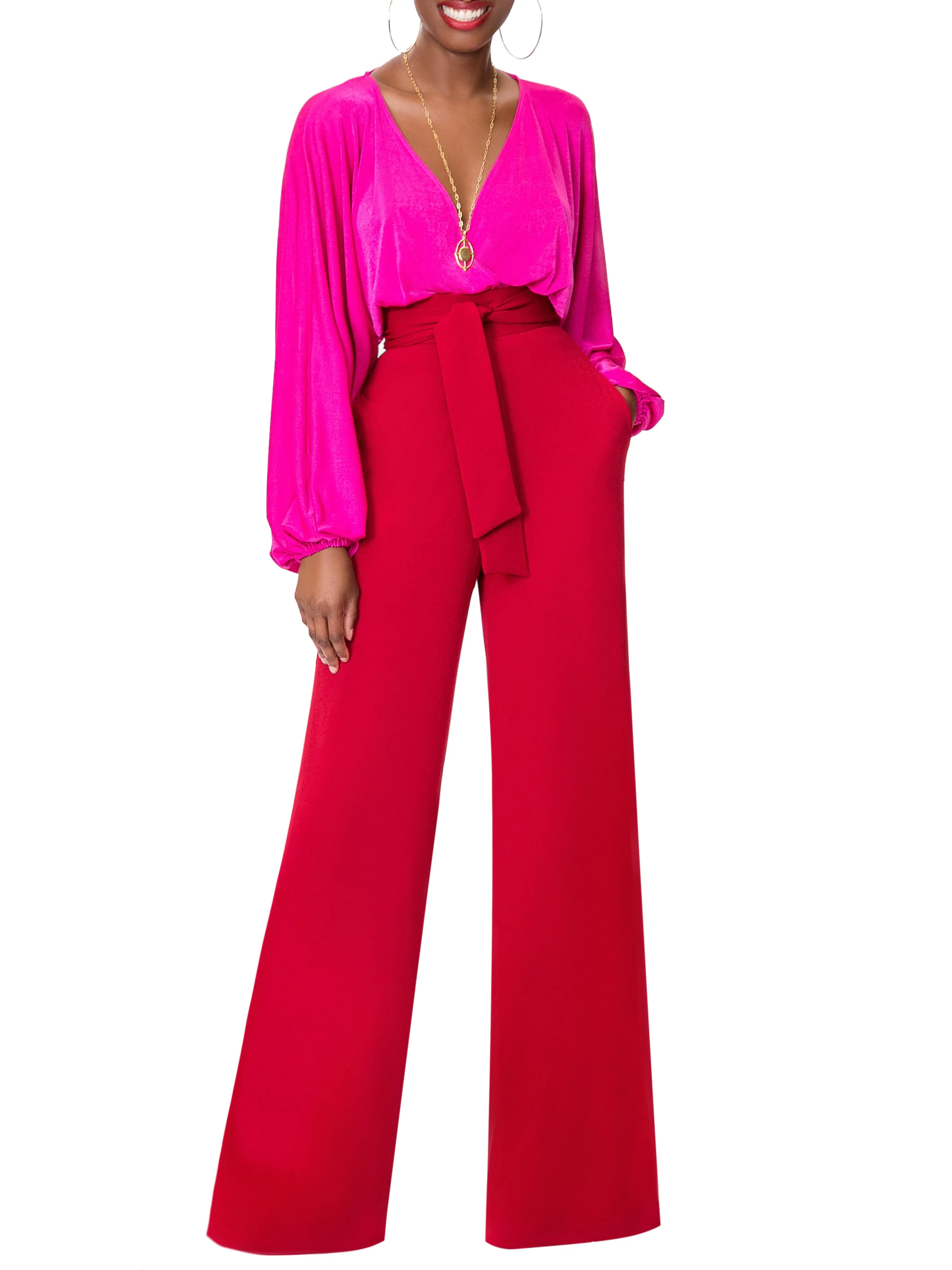 "Wynée" Deep Red Belted High Waist Pants