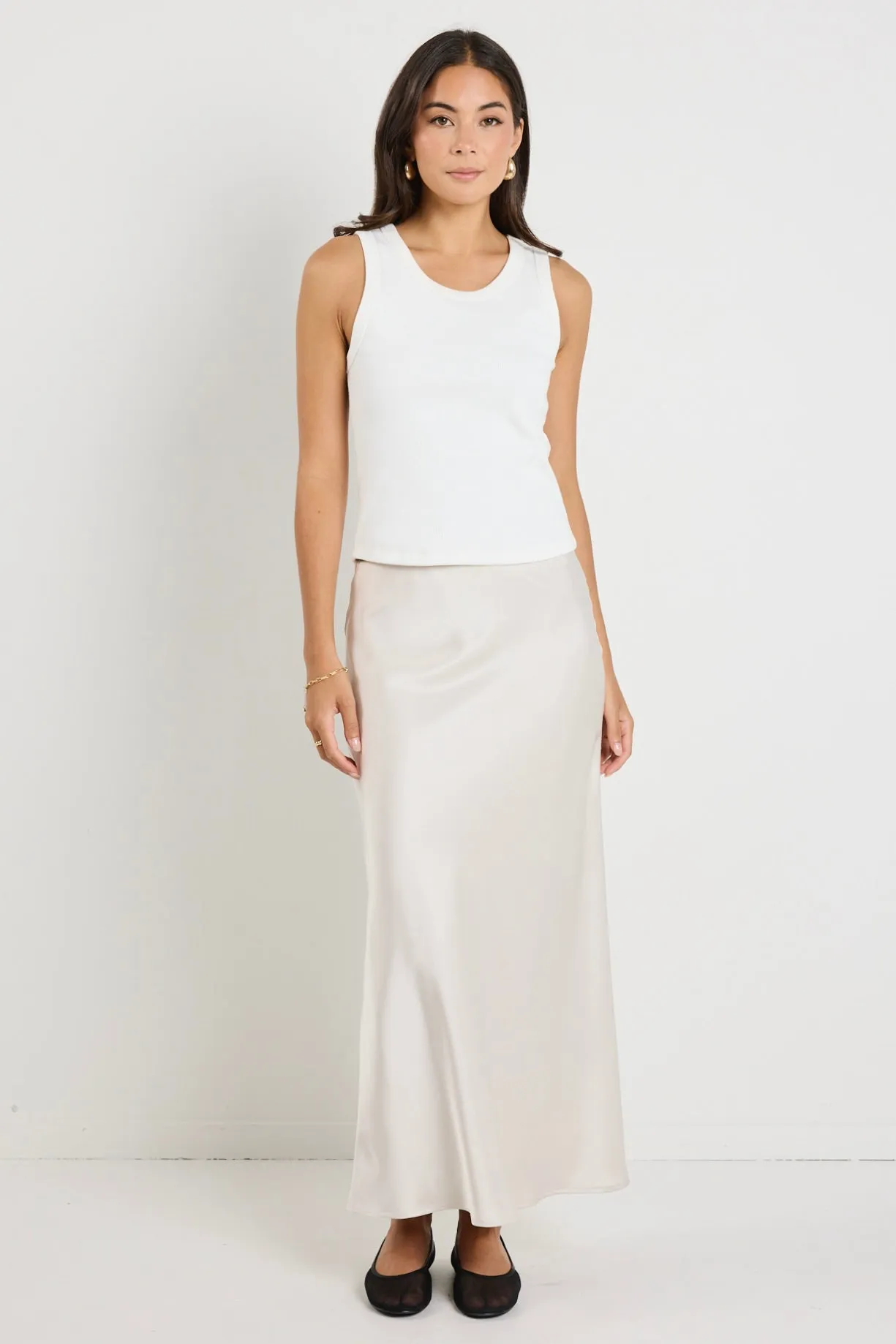 Rosette Pearl Satin Bias Midi Skirt