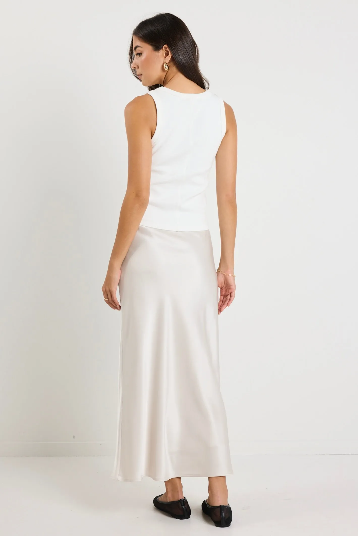 Rosette Pearl Satin Bias Midi Skirt