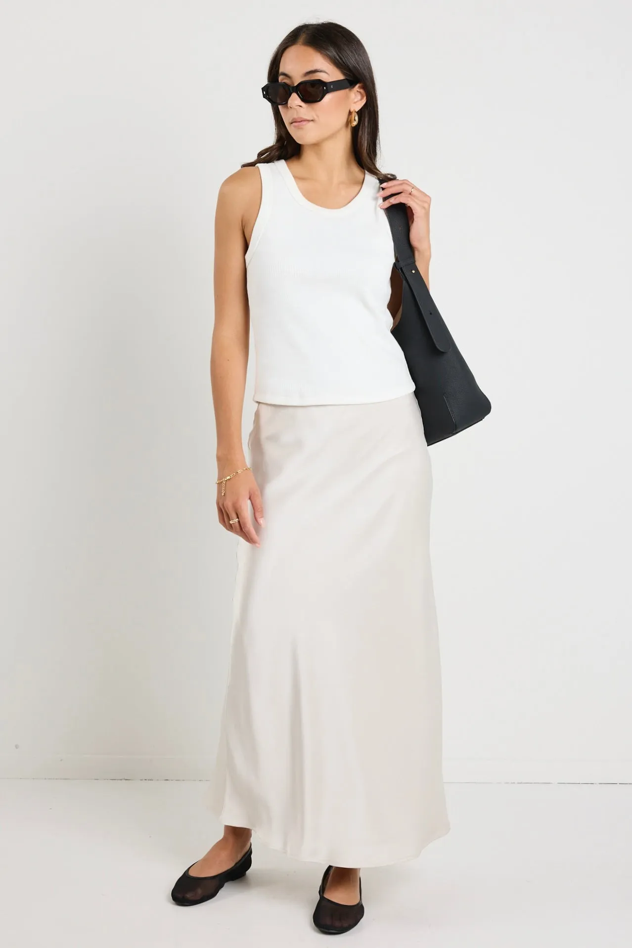 Rosette Pearl Satin Bias Midi Skirt