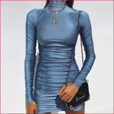 Ruched Bodycon Turtleneck Dress - Blue or Black
