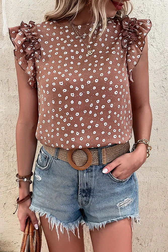 Tiered Ruffle Sleeves Floral Print Tank Top