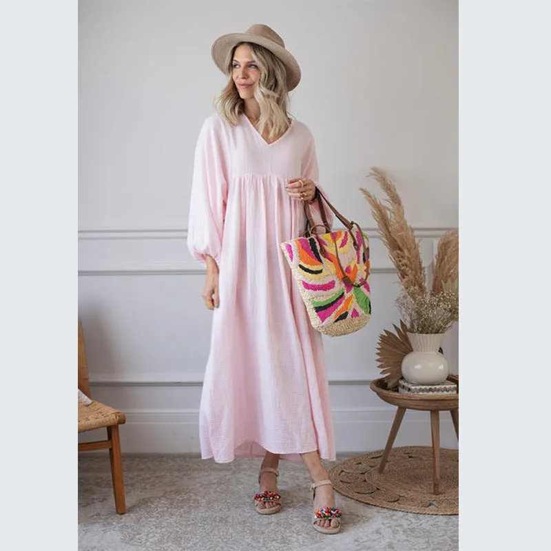 V-neck Loose Lantern Sleeve Dress