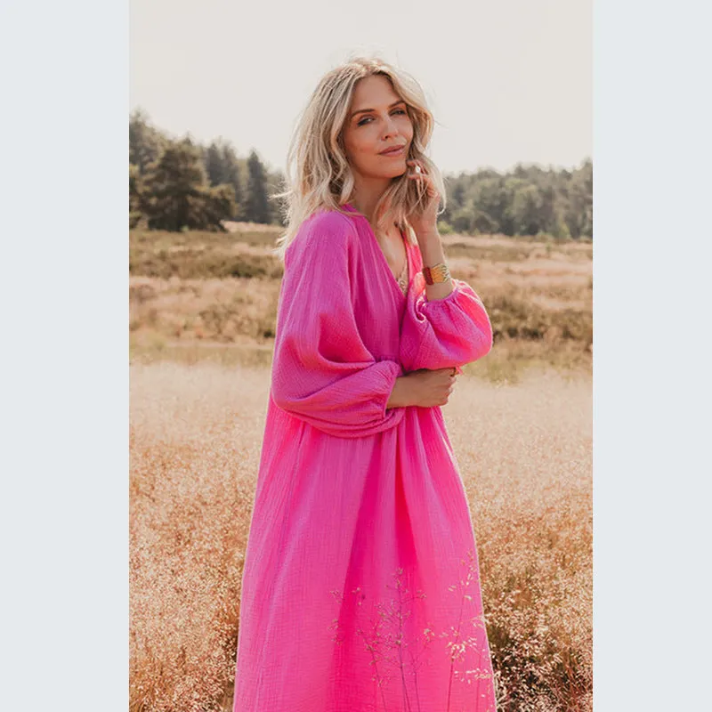 V-neck Loose Lantern Sleeve Dress
