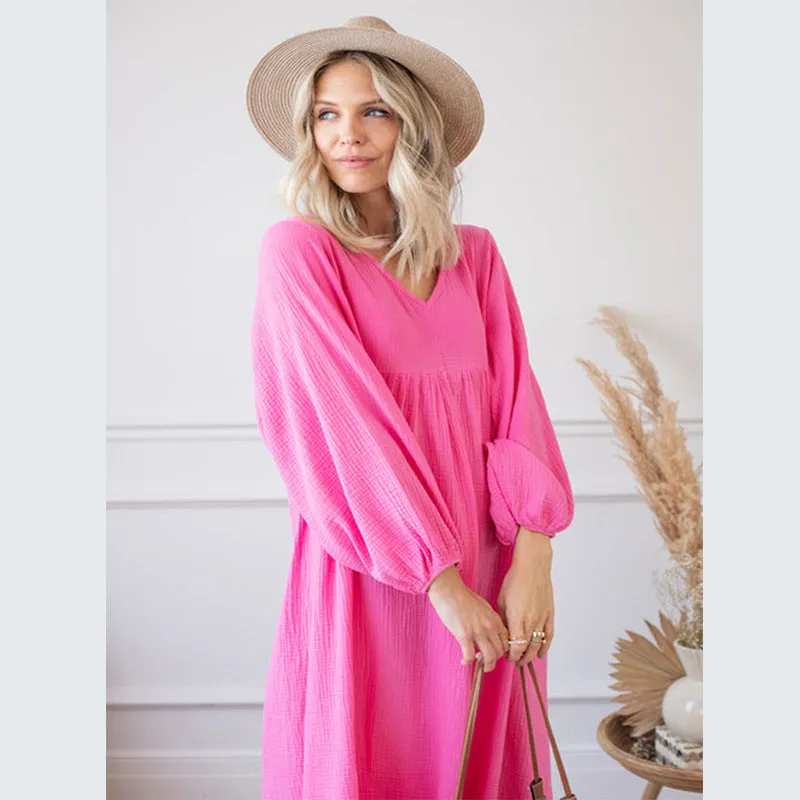 V-neck Loose Lantern Sleeve Dress
