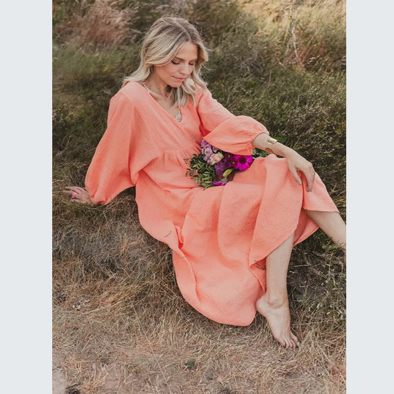 V-neck Loose Lantern Sleeve Dress