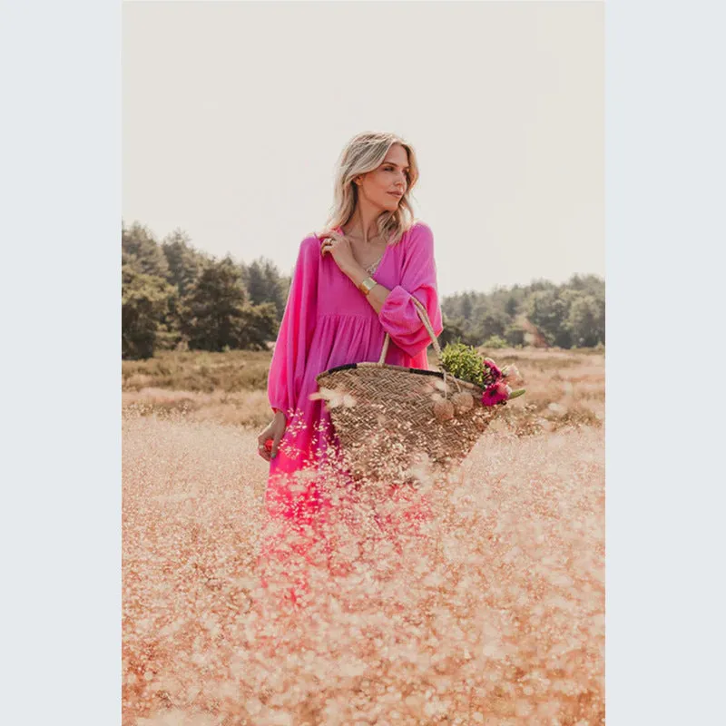 V-neck Loose Lantern Sleeve Dress