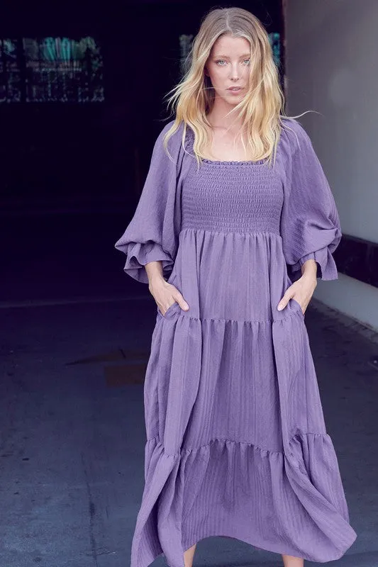 Wisteria, 3/4 Sleeve Smocked Top Tiered Dress w/ Pockets