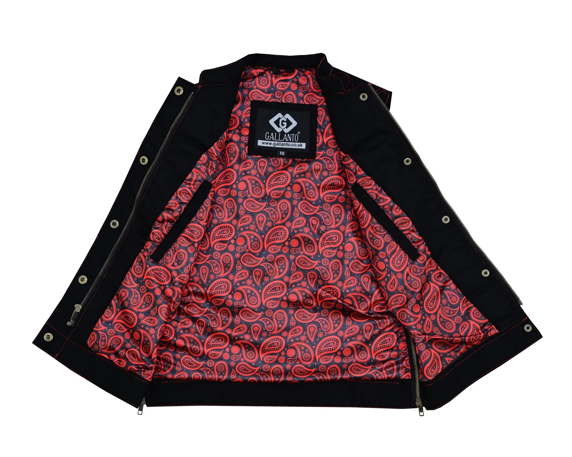 Womens Black Denim Biker Vest with Hearts and Red Stitching