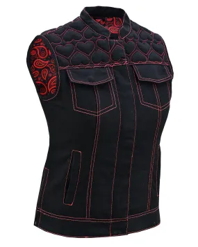 Womens Black Denim Biker Vest with Hearts and Red Stitching