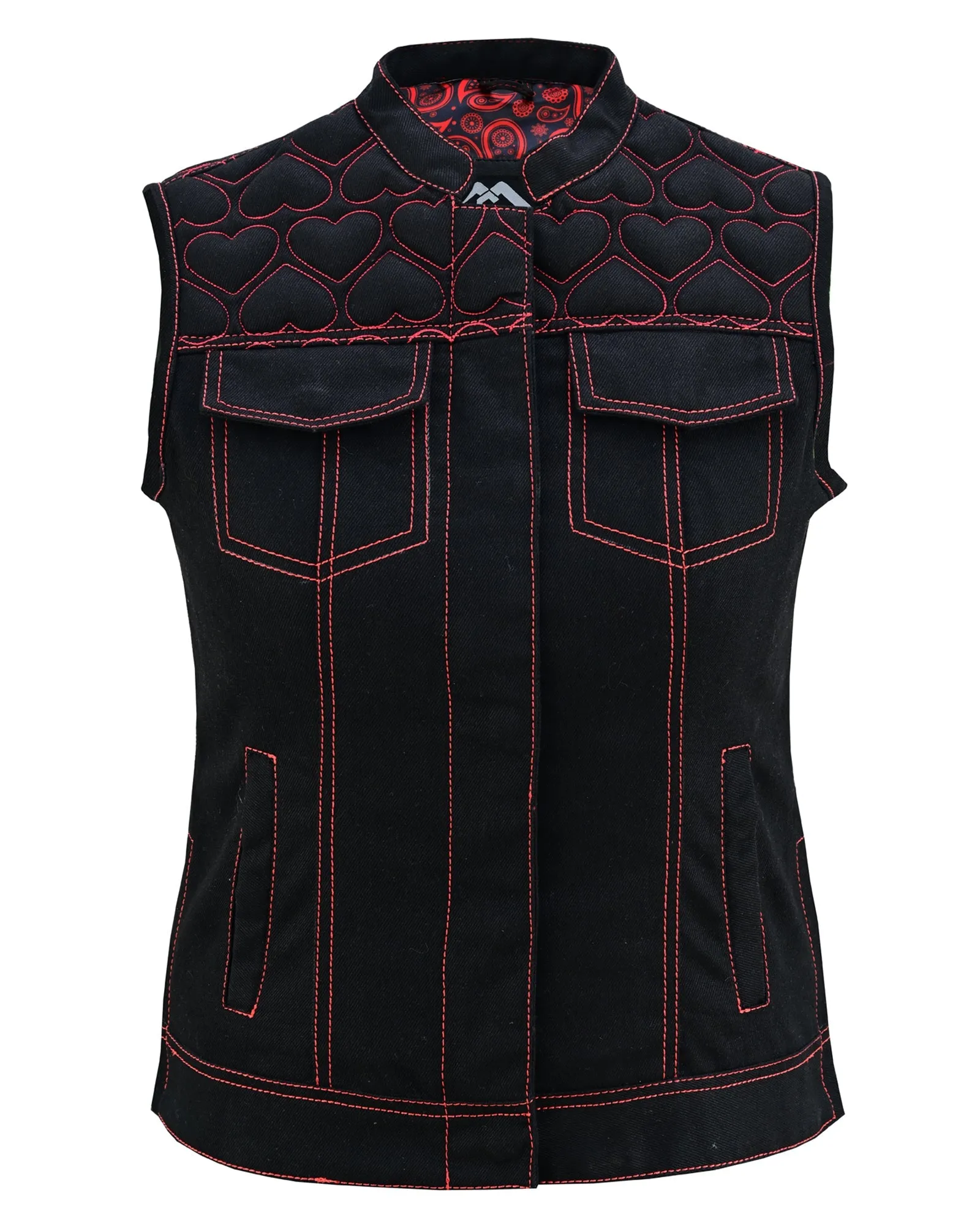 Womens Black Denim Biker Vest with Hearts and Red Stitching