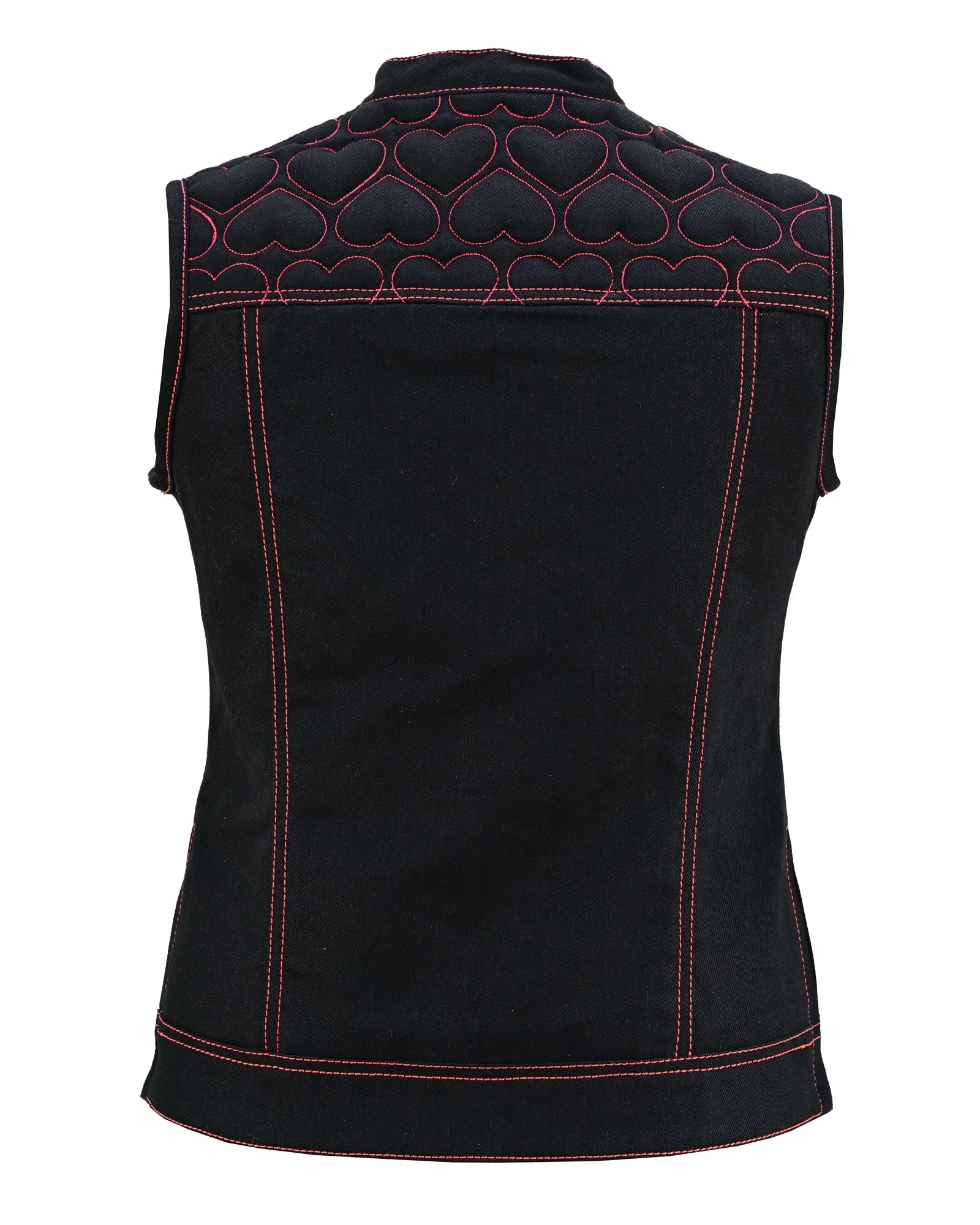 Womens Black Denim Biker Vest with Hearts and Red Stitching